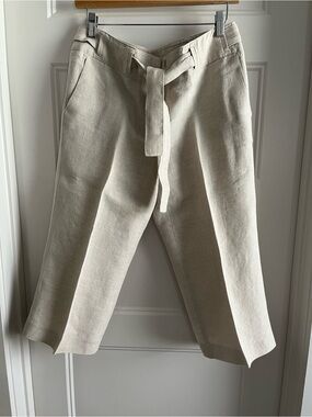 Talbots Light Beige Linen-Blend Belted Pants
